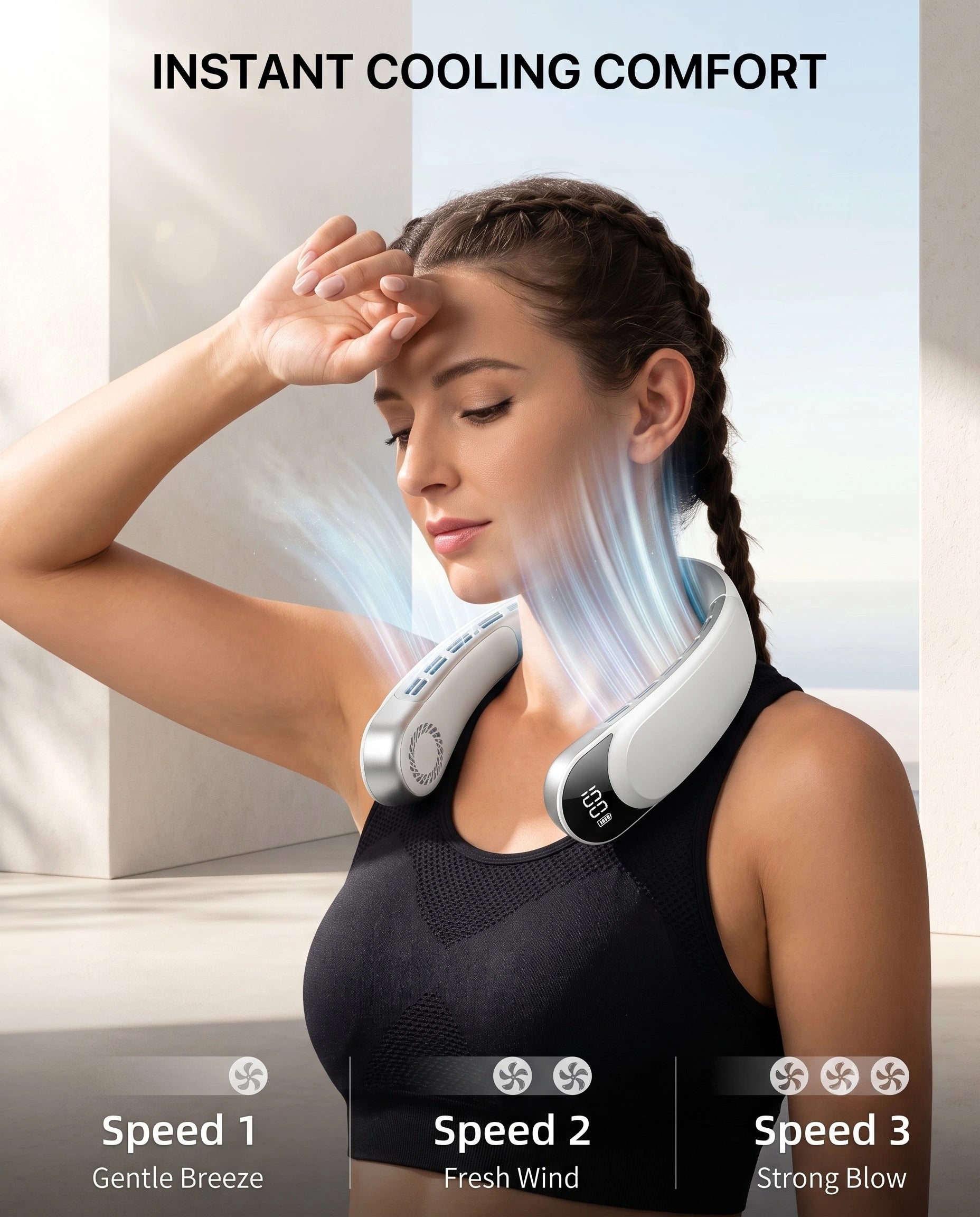 Portable Neck Fan – 7500 RPM Brushless Motor, 3 Speed Settings, 4000mAh Battery, Bladeless Desig