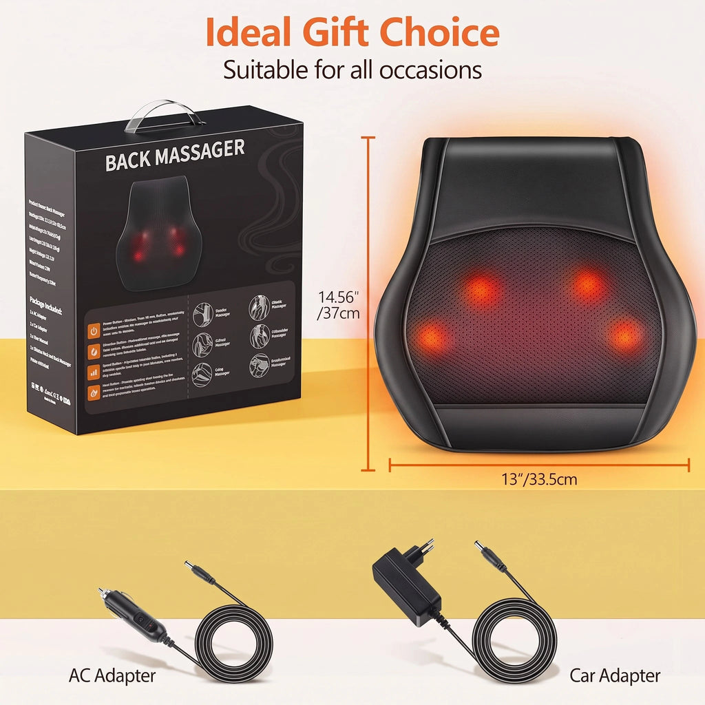 Shiatsu Back & Neck Massager Cushion with Heat – 4 Massage Nodes, Remote Control, Car & Home Use | Black