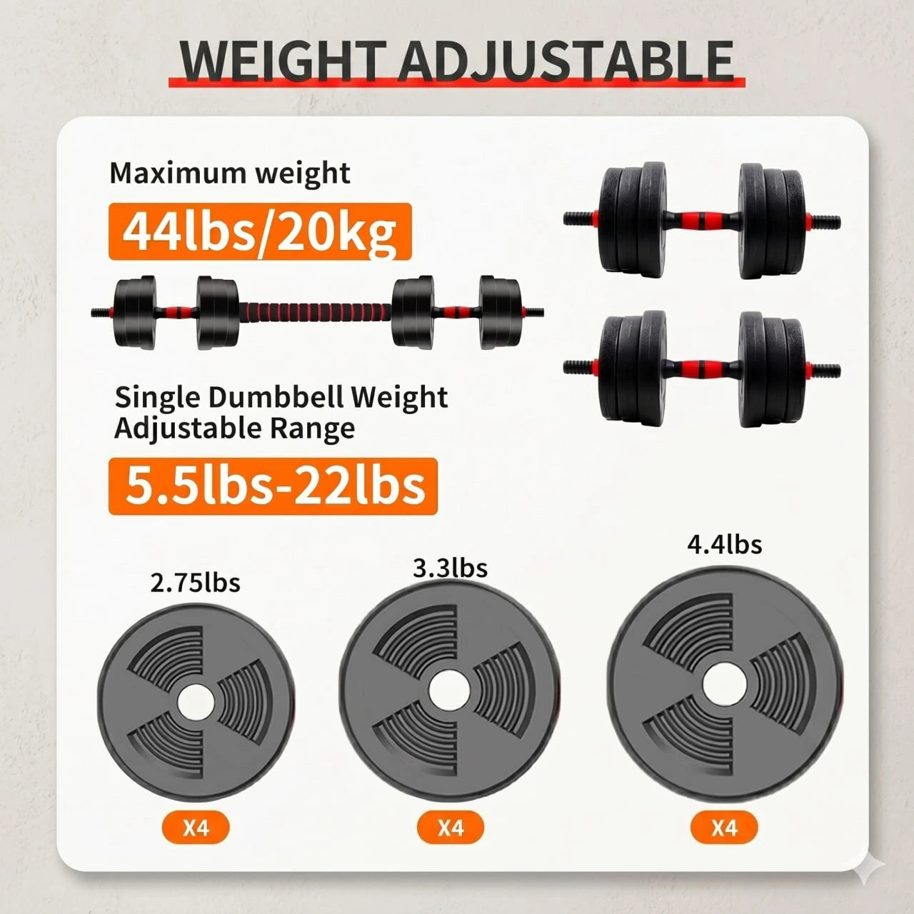Adjustable Dumbbell Barbell Set 44 lbs – Convertible Weight Set for Home Gym Workout