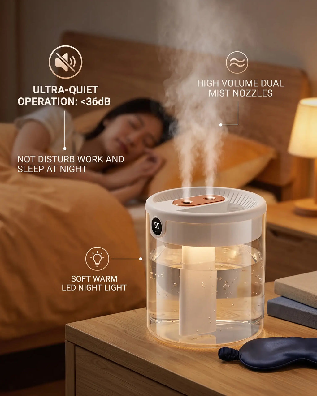 Dual Spray Humidifier 2L with Quiet Motor - Breathe Better, Sleep Deeper